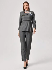 TaskEZ Conjunto de uniforme de trabajo con camisa de manga raglán y pantalones de unicolor, con lazo decorativo en el lateral, blusa de manga corta y pantalones en conjunto de 2 piezas. Traje profesional elegante para damas en oficina, recepción de hotel, salón de belleza, técnica de uñas. Ropa de trabajo