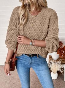 SHEIN LUNE 1pc Women Solid Color Round Neck Dolman Sleeve Oversized Sweater, Autumn/Winter Knit Pullover Fall Outfit