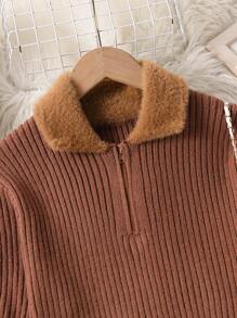 少女棕色针织领长袖连衣裙，秋冬新款