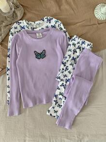 SHEIN Conjunto de 4 peças de camiseta e calças compridas casuais para meninas pré-adolescentes, ajuste confortável, estampa de borboleta, gola redonda, manga comprida, roupa de dormir, outono inverno