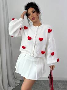 Chiquease 女士 2024 圆领泡泡袖心形开衫 - 米色 - 查看 6