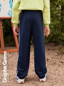 Tween Boys Striped Logo Drawstring Casual Sweatpants - Navy Blue - View 2