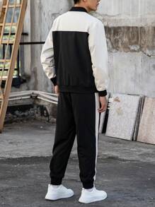 Manfinity Homme Bộ 2 món áo khoác bóng chày và quần nỉ chạy bộ màu trơn đơn giản cho nam, mùa xuân/thu - màu đen - Xem 2