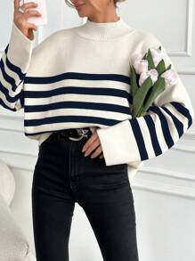 EURMUSE Blue White Woman Sweater - Navy Blue - View 4
