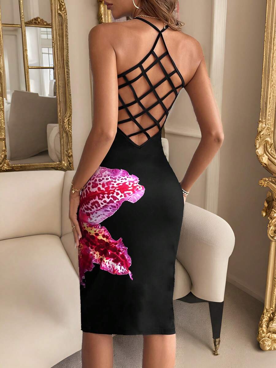 SHEIN Privé Damen schwarzes midi Kleid mit Spaghettiträgern, offenem Rücken, Kreuz-Rückendetails, figurbetonter Passform und elegantem Blumenmuster