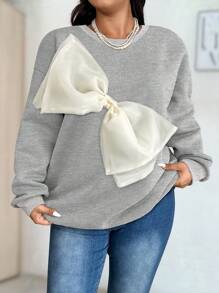 Calvaya Plus Size Contrast Big Bow Decor Sweatshirt, Autumn & Winter Pullover Fall - Grey - View 1