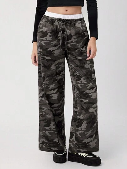 Easelle 女士休闲迷彩印花阔腿裤，适合秋季外出