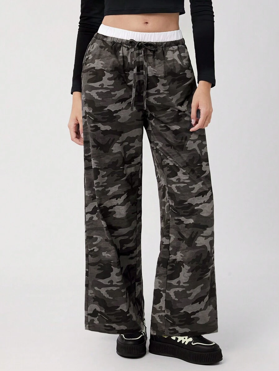 Easelle 女士休闲迷彩印花阔腿裤，适合秋季外出 - 軍綠色 - 查看 1