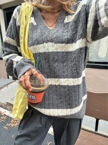 SHEIN Unity 2024秋冬女式宽松休闲V领撞色条纹超大款针织套头衫 - 彩色 - 查看 5