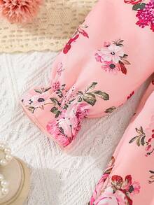 SHEIN Váy dài tay cổ bèo xếp nếp in hoa mùa thu đông cho bé gái - Hồng - Xem 4