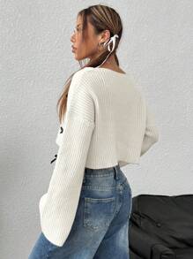 Flirla 1pc Women Loose V-Neck Casual 3D Bow Knit Sweater,Three Quarter Sleeve Tops