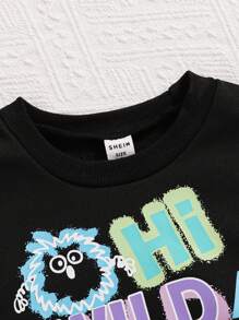 Baby Boy Autumn/Winter Casual Black Print Sweatshirt Set - Black - View 4