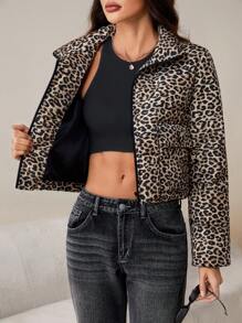 SHEIN Tall Women's Leopard Print Cropped Down& Feathers Jacket - Brown - View 8