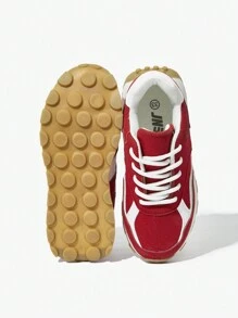 JNSQ 1 Pair Red Children Retro Suede-Like Comfort Wear-Resistant Round Toe Flat Low Top Casual Shoes Suitable For Outdoor