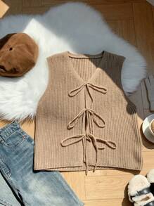 Comfortcana Plus Size V-Neck Tie Front Sleeveless Solid Color Simple Casual Comfortable Cardigan - Apricot - View 1