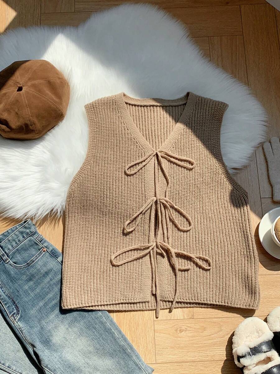 Comfortcana Plus Size V-Neck Tie Front Sleeveless Solid Color Simple Casual Comfortable Cardigan - Apricot - View 1