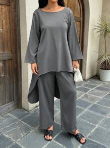 INAWLY 大码两件套西装直袖前短后长设计休闲纯色不对称下摆衬衫和裤子套装，秋季通勤风格