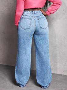 SHEIN Slayr Quần jeans ống rộng cạp cao rách đơn giản cho nữ, phù hợp với mọi mùa - Rửa trung bình - Xem 2
