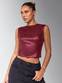 SHEIN BAE 女士纯色露背扭纹背心 - 酒紅色 - 查看 6