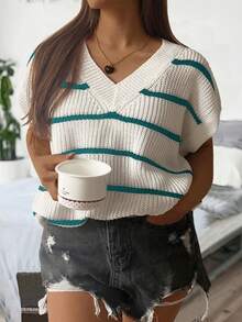 Calvaya 大码拼色条纹针织毛衣，秋季 - 藍色 - 查看 4