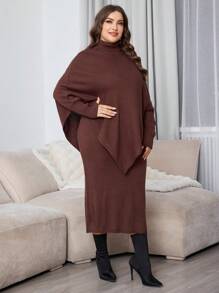 Mulvari Plus Size Solid Color High Neck Poncho Sweater & Skirt Set For Autumn/Winter, Fall Clothes - Coffee Brown - View 6