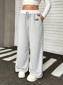 Muchica 大码女式字母印花抽绳腰部口袋阔腿休闲宽松运动裤 - 淺灰色 - 查看 5