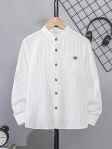 SHEIN 青少年男孩休闲纹理条纹口袋长袖立领衬衫，适合学校、日常和商务穿着，秋季