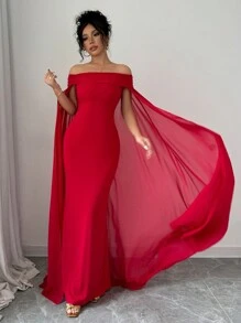 Rafferiza 圣诞红色优雅性感露肩收腰美人鱼连衣裙，新年礼服长款女装 - 紅色 - 查看 6