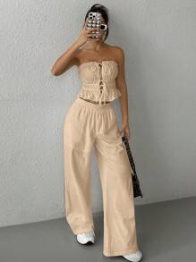 SHEIN EZwear 女士新款亚麻紧身胸衣上衣和裤子套装