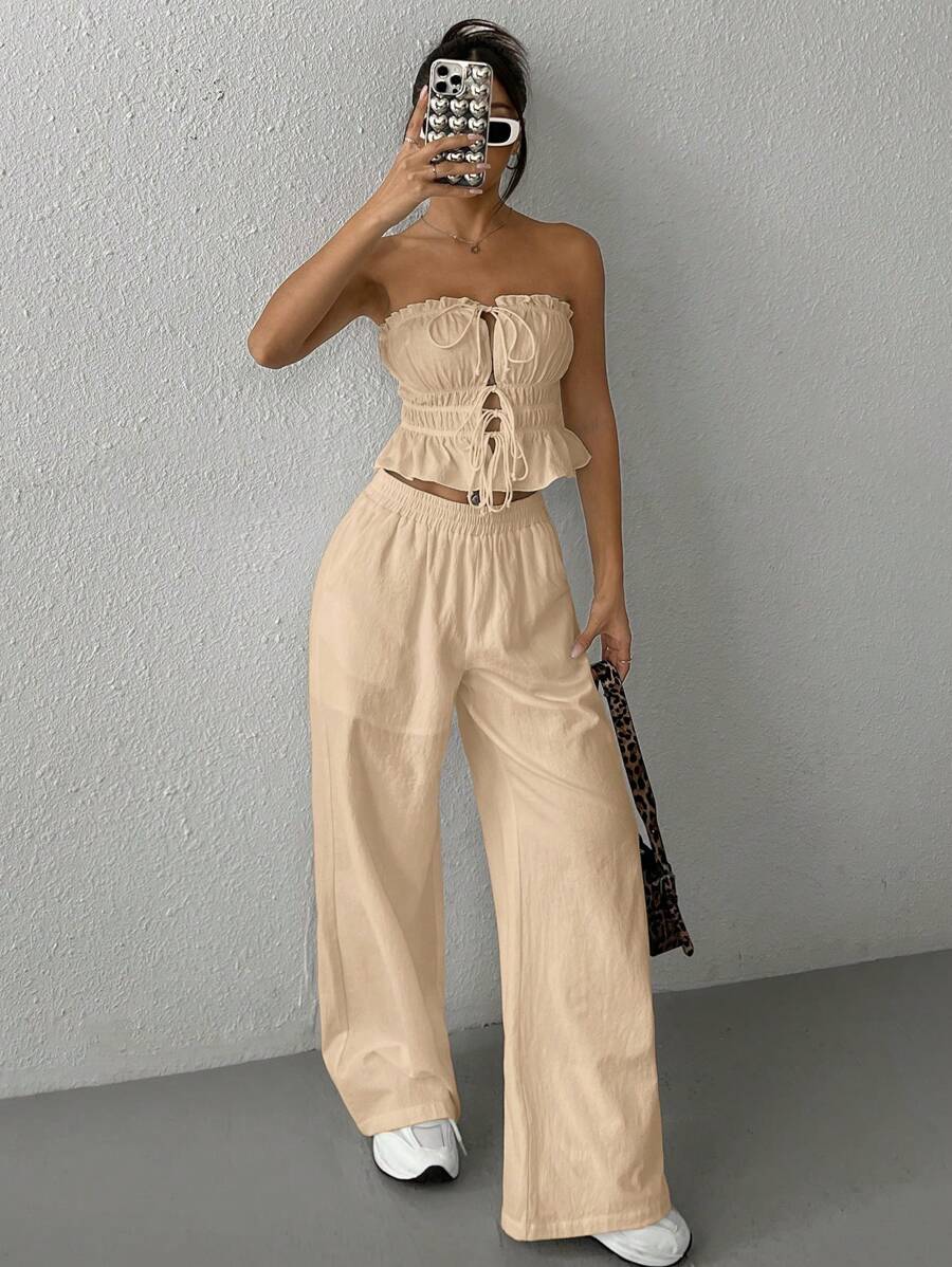 SHEIN EZwear 女士新款亚麻紧身胸衣上衣和裤子套装