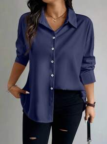 Celure Plus Size Women's Solid Color Drop Shoulder Long Sleeve Pleated Back Casual Office Shirt, Autumn