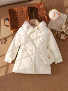 Baby Girls Thickened Quilted Jacket With Embroidered Fluffy Collar, Winter - Apricot - View 1