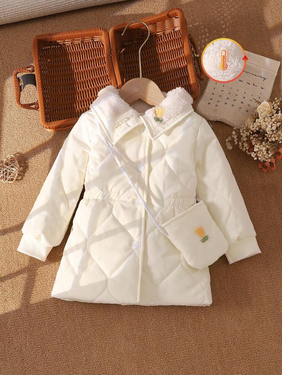 Baby Girls Thickened Quilted Jacket With Embroidered Fluffy Collar, Winter - Apricot - View 1