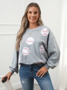 SHEIN LUNE Sudadera suelta con gráfico de béisbol y hombros caídos para mujer, ropa casual para otoño - Gris - Ver 1