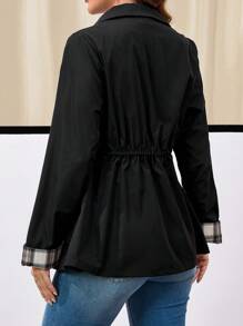 EMERY ROSE Chaqueta informal de mujer con cremallera y cordón en la cintura, con parches a cuadros, adecuada para salidas de otoño - Negro - Ver 2