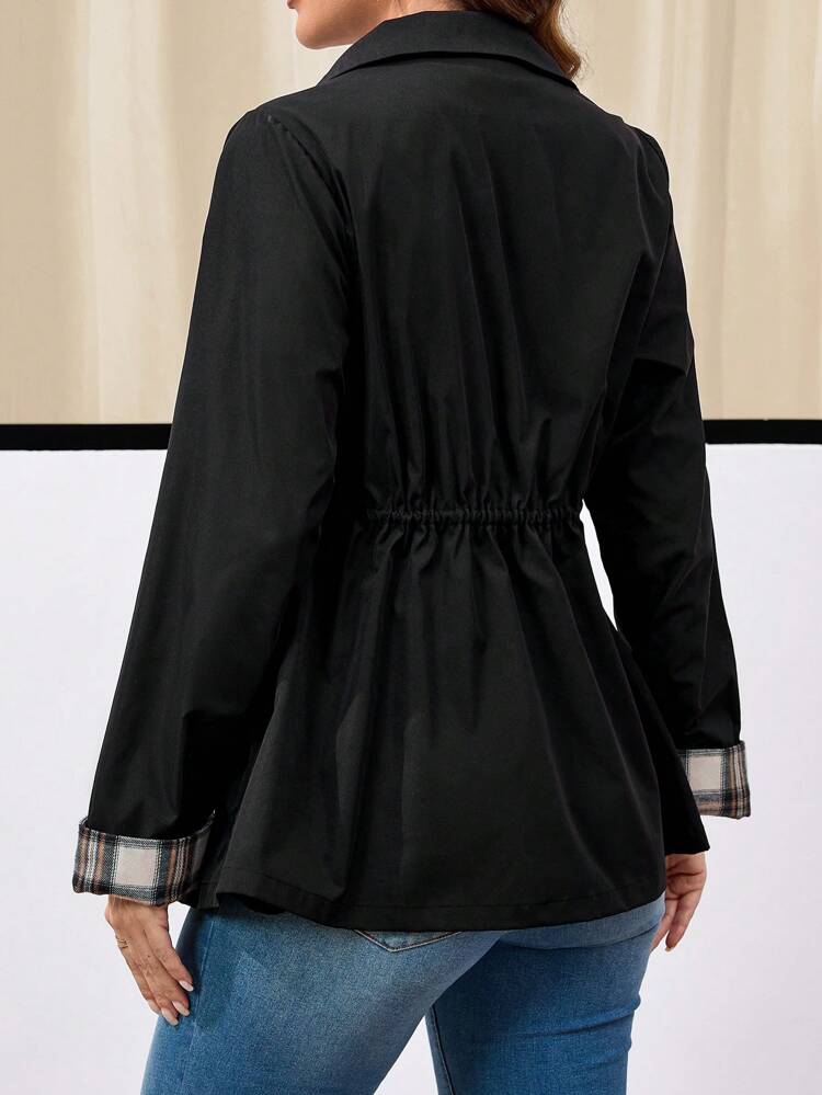 Women Casual Plaid Patchwork Zip Up Drawstring Waist Jacket, Suitable For Autumn Outings