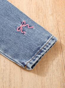 Baby Girl Cute Casual Lovely Pink Bow Knot Embroidered Denim Shirt Dress With Belt - Medium Wash - View 7