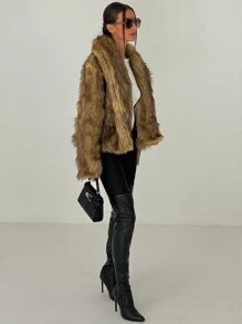 Aloruh Brown Fluffy Short Jacket Warm Coat For Young Women, Y2K Style