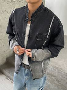 Manfinity EMRG Men Casual Street Raw Edge Flap Pocket Button Down Denim Shirt, Fall - Multicolor - View 7