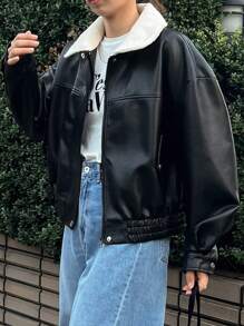 FRIFUL 女士休闲PU皮夹克，撞色翻领，落肩设计，常规版型，秋冬女式外套 - 黑色 - 查看 1