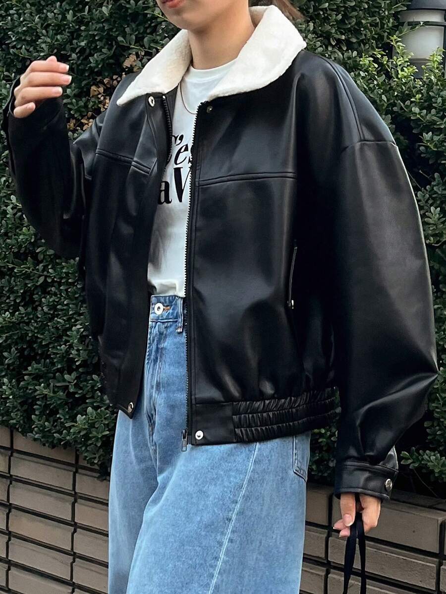 FRIFUL 女士休闲PU皮夹克，撞色翻领，落肩设计，常规版型，秋冬女式外套 - 黑色 - 查看 1