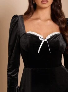 SHEIN BAE Váy xếp ly dài tay bằng vải nhung ngọt ngào thanh lịch dành cho nữ, thích hợp cho lễ tốt nghiệp, những dịp trang trọng, tiệc cocktail, buổi hẹn hò lãng mạn, váy xếp lớp mùa thu/đông, tiệc tùng, hộp đêm, buổi họp mặt trang trọng, váy phù dâu, buổi tối đi chơi, Halloween, Giáng sinh - màu đen - Xem 7