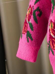 SHEIN V-Neck Long Sleeve Floral Pattern Cardigan Sweater, Fashion Versatile Mid-Length Knitted Top - Hot Pink - View 6