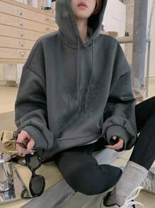 DAZY 女士长袖连帽印花休闲运动衫、秋季连帽衫、长袖上衣 - 灰色 - 查看 2