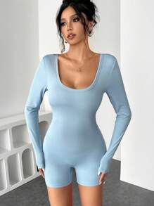 Zolique 针织 U 领紧腰长袖连体裤 - 藍色 - 查看 5