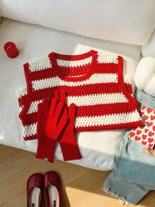 Comfortcana 大码圆领无袖红白条纹针织休闲上衣 - 彩色 - 查看 4