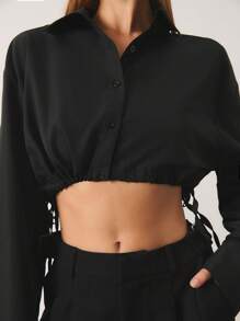 SHEIN Unity Women's Casual Simple Solid Color Drawstring Hem Cropped Shirt - Black - View 4