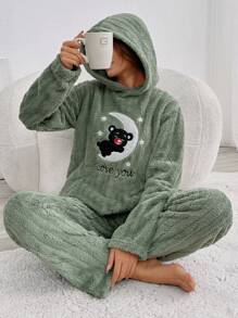 RueChic 2pcs Fuzzy Bear&Moon Embroidery With Hoodie Detail Homewear PJ Set - Green - View 6