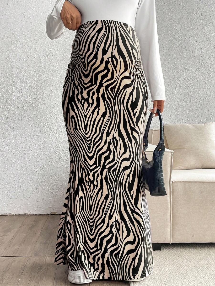 SHEIN Jupe de maternité à imprimé zèbre, avec ourlet en queue de