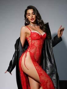 圣诞梦幻优雅女士性感舒适蕾丝睡裙+丁字裤两件套